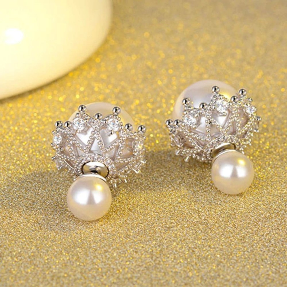 NEW 925 Sterling Silver Diamond Pearl Earrings - Picture 7 of 11